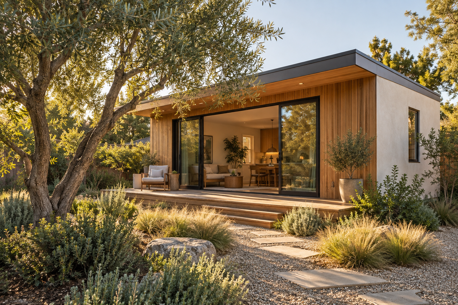 Architectural concept of a timber-clad California ADU opening onto a drought-tolerant garden